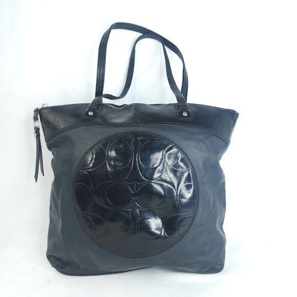 COACH Laura F18336 Large Logo Designer Black Leather Tote Shoulder Bag Purse - Picture 1 of 16